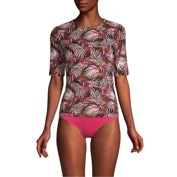 Land's End palm print short sleeve rashguard BLACK PINK tan size palm print L - Picture 1 of 3